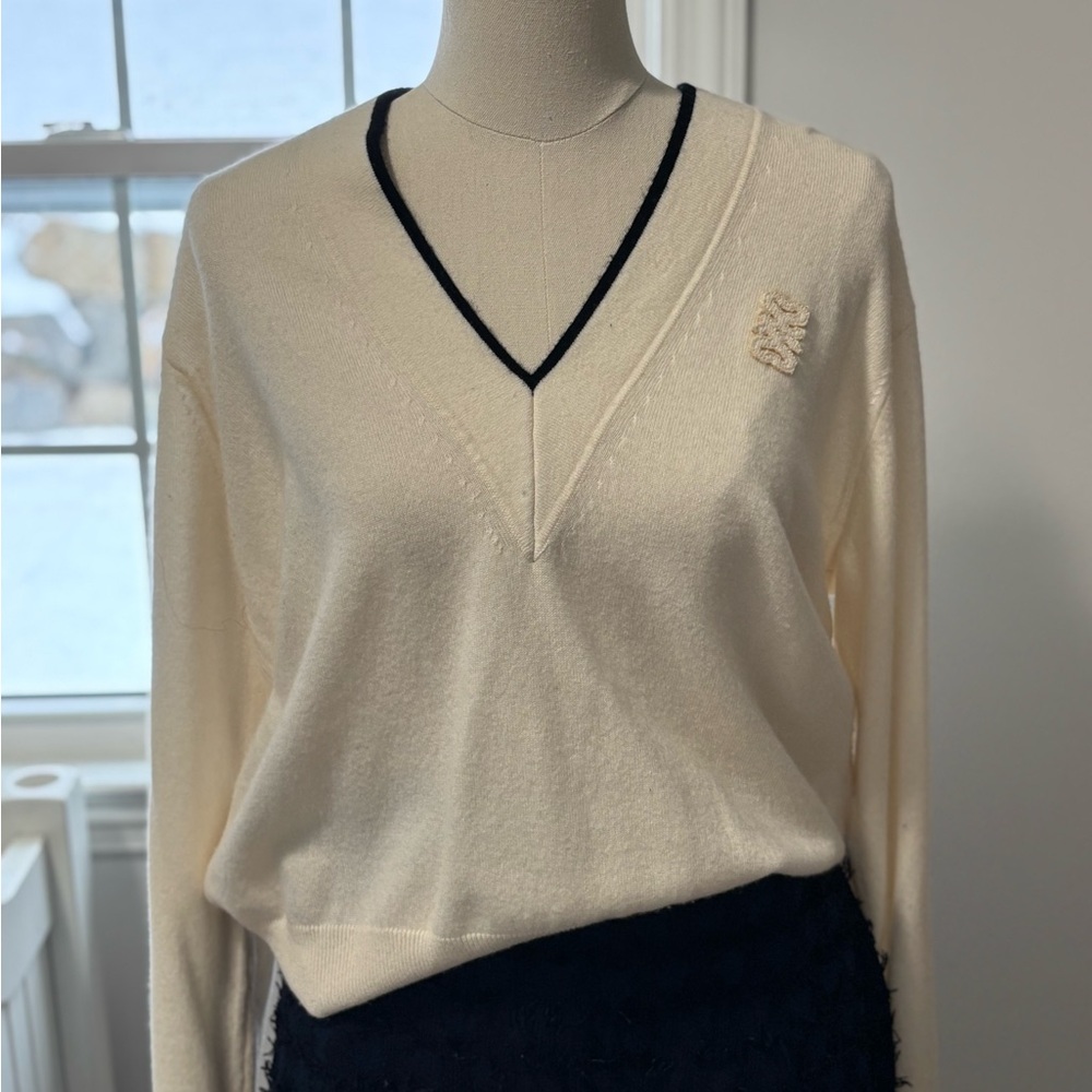 Sandro Cream and Black V-Neck Sweater